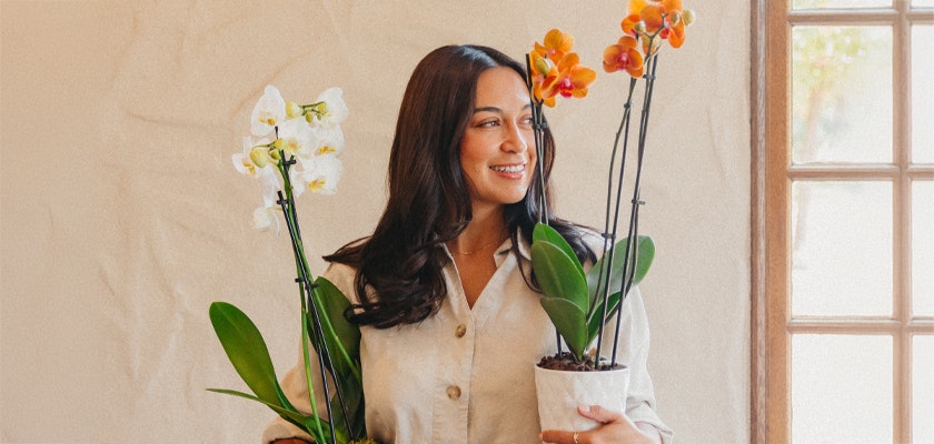 Woman holding vibrant orchids in pots, smiling warmly against a soft background.