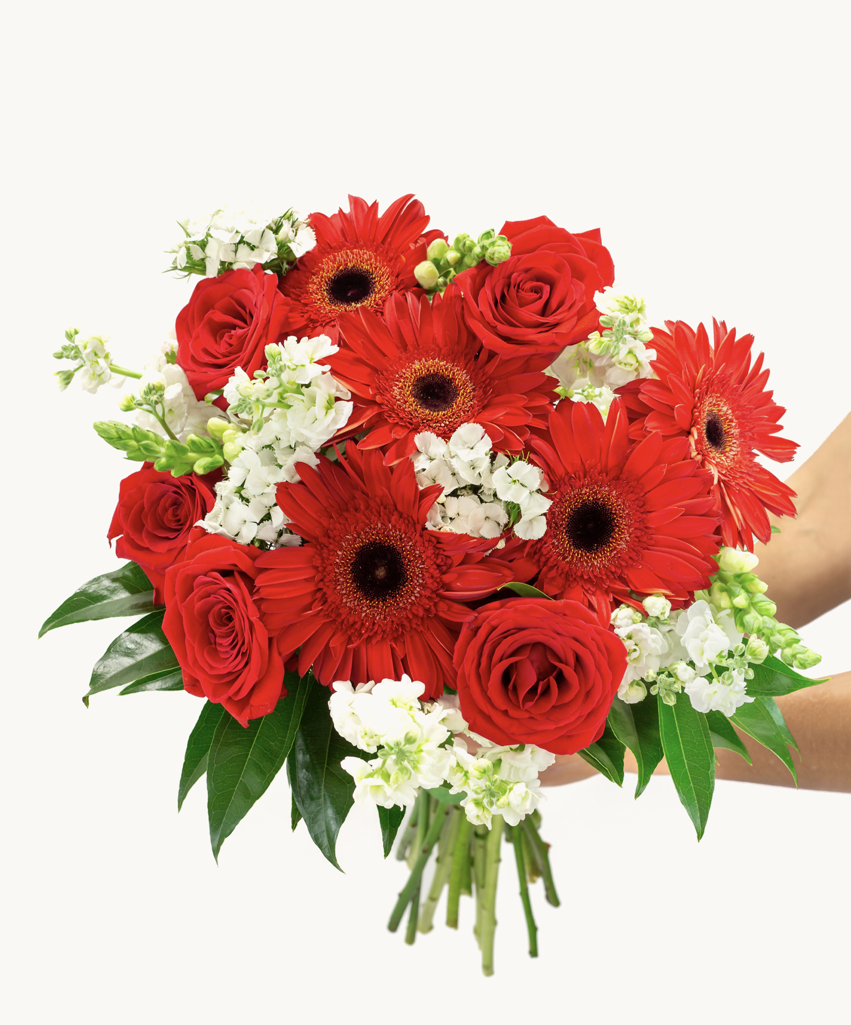 Vibrant bouquet featuring red roses and gerbera daisies, accented with white florals.