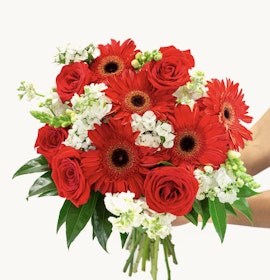 Vibrant bouquet featuring red roses and gerbera daisies, accented with white florals.