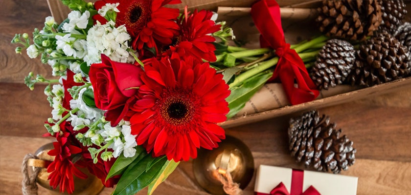 Vibrant red gerbera daisies and roses arranged elegantly with greenery, perfect for celebrations.