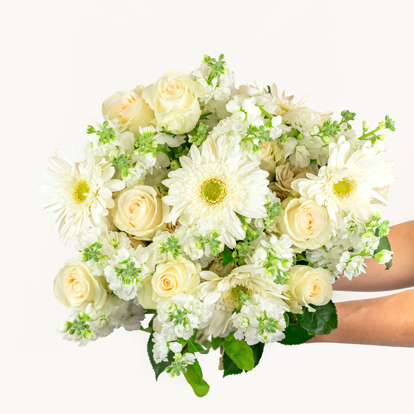 A beautiful bouquet of white roses and daisies adorned with fresh greenery, ideal for all occasions.