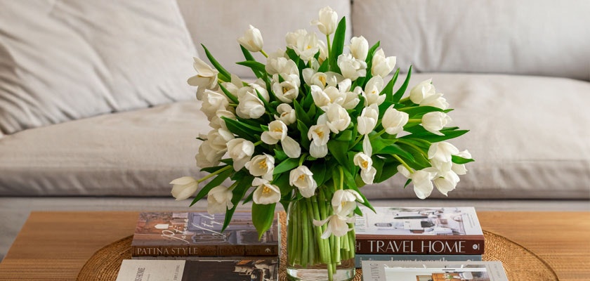 Elegant arrangement of white tulips in a glass vase, enhancing a cozy living room setting.