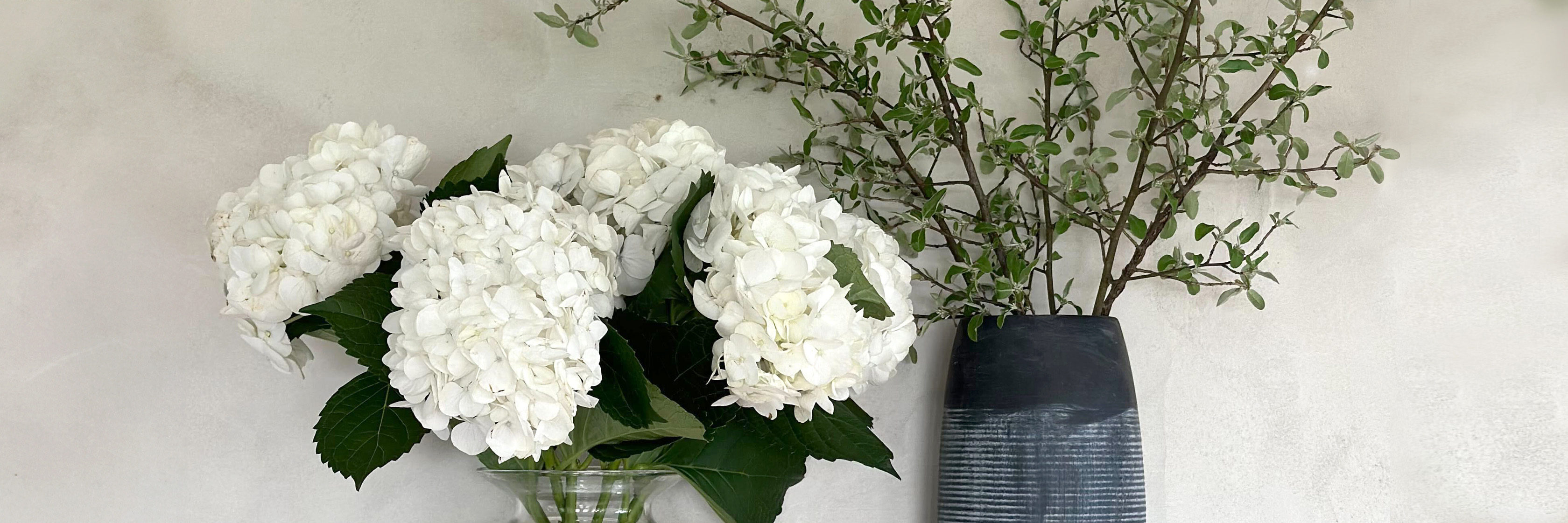 Elegant white hydrangeas in a glass vase paired with lush greenery, perfect for home decor.