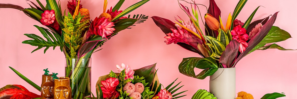 Vibrant floral arrangement featuring tropical flowers in stylish vases against a pink backdrop.