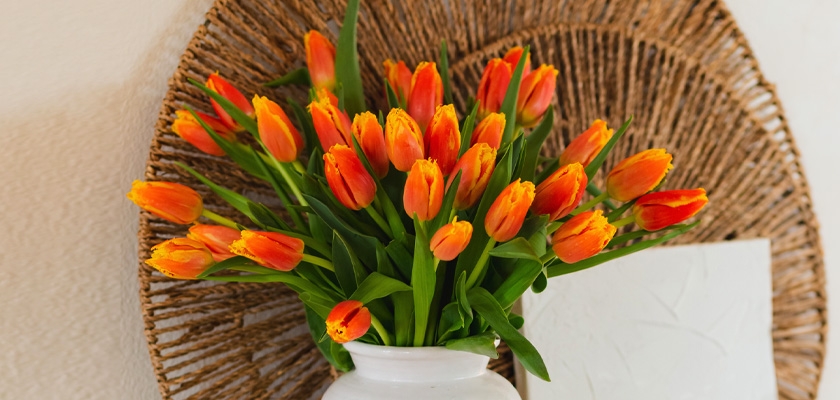 Vibrant orange tulips elegantly arranged in a rustic vase, enhancing any decor.