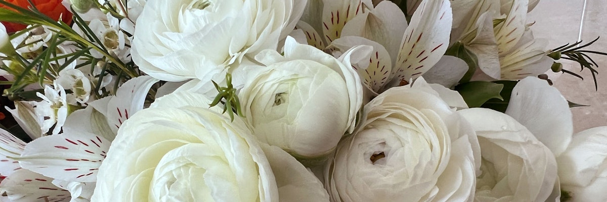 Elegant white ranunculus and delicate blooms arranged in a stunning floral display.