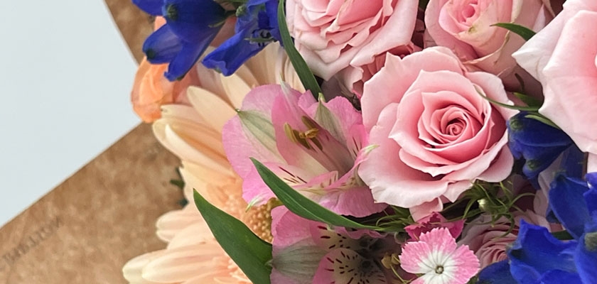 Delicate arrangement of pink roses, blue delphinium, and soft blooms in a charming bouquet.