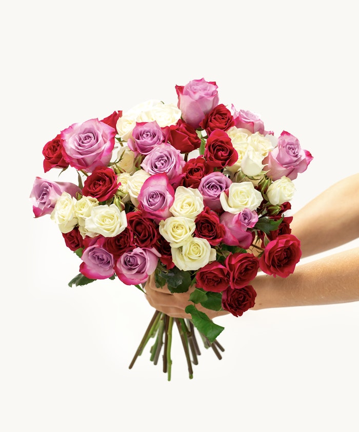 Elegant bouquet of purple, hot pink, and white roses in a lush floral arrangement.