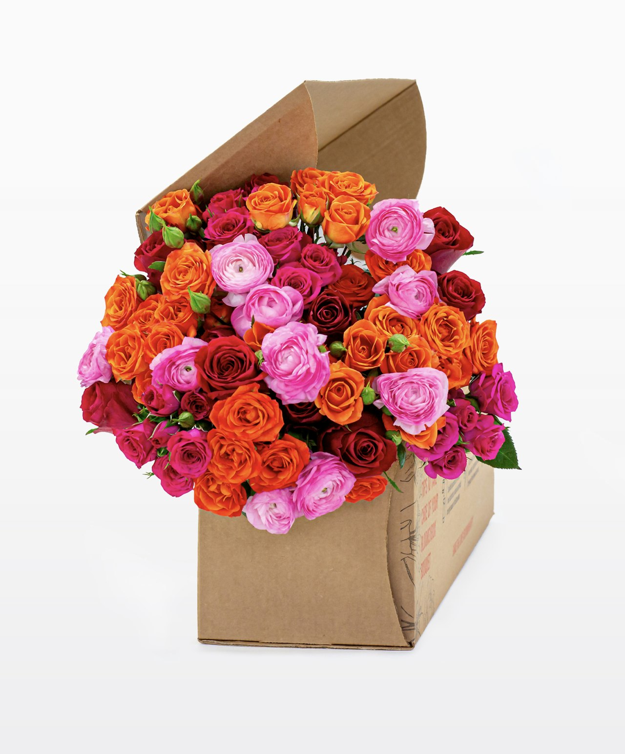 A mix of orange, pink, and red roses placed in a BloomsyBox package as an ideal as a birthday gift.