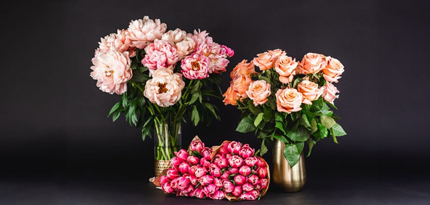 Vibrant floral display featuring pink peonies and peach roses in elegant vases.