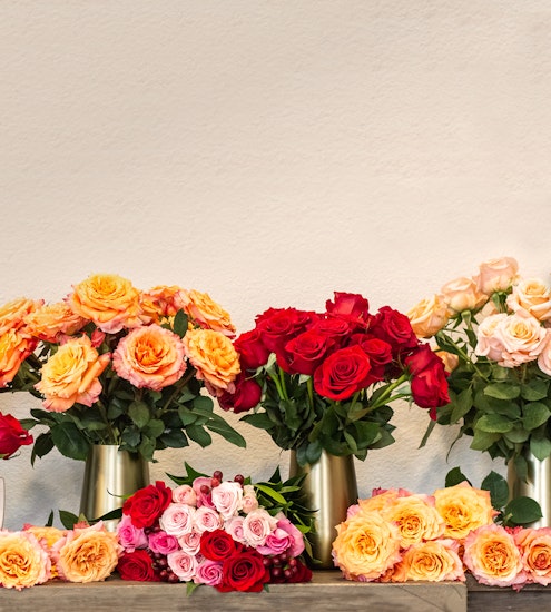 Vibrant display of assorted roses in shades of red, pink, and orange, elegantly arranged in vases.