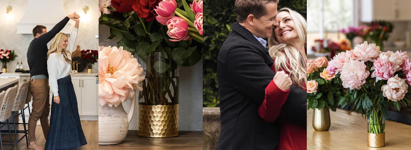 A beautiful floral display featuring peonies and tulips, enhancing a cozy couple's moment at home.
