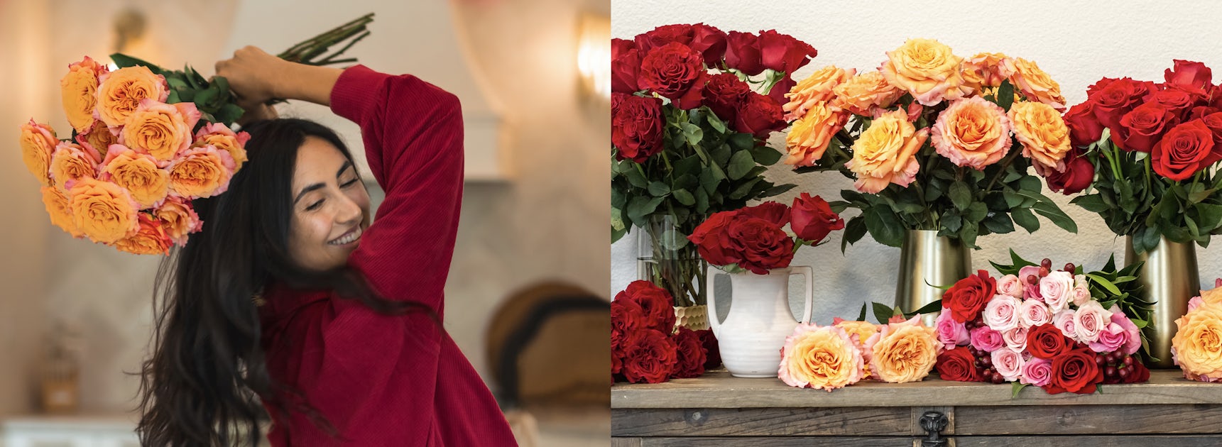 A joyful woman holds vibrant orange and pink roses, surrounded by a colorful floral display.