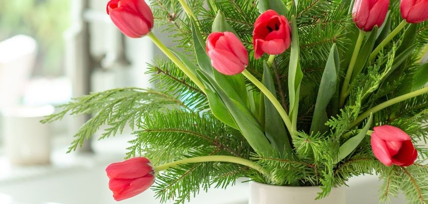 Vibrant pink tulips surrounded by fresh greenery in a stylish white vase, ideal for decor.
