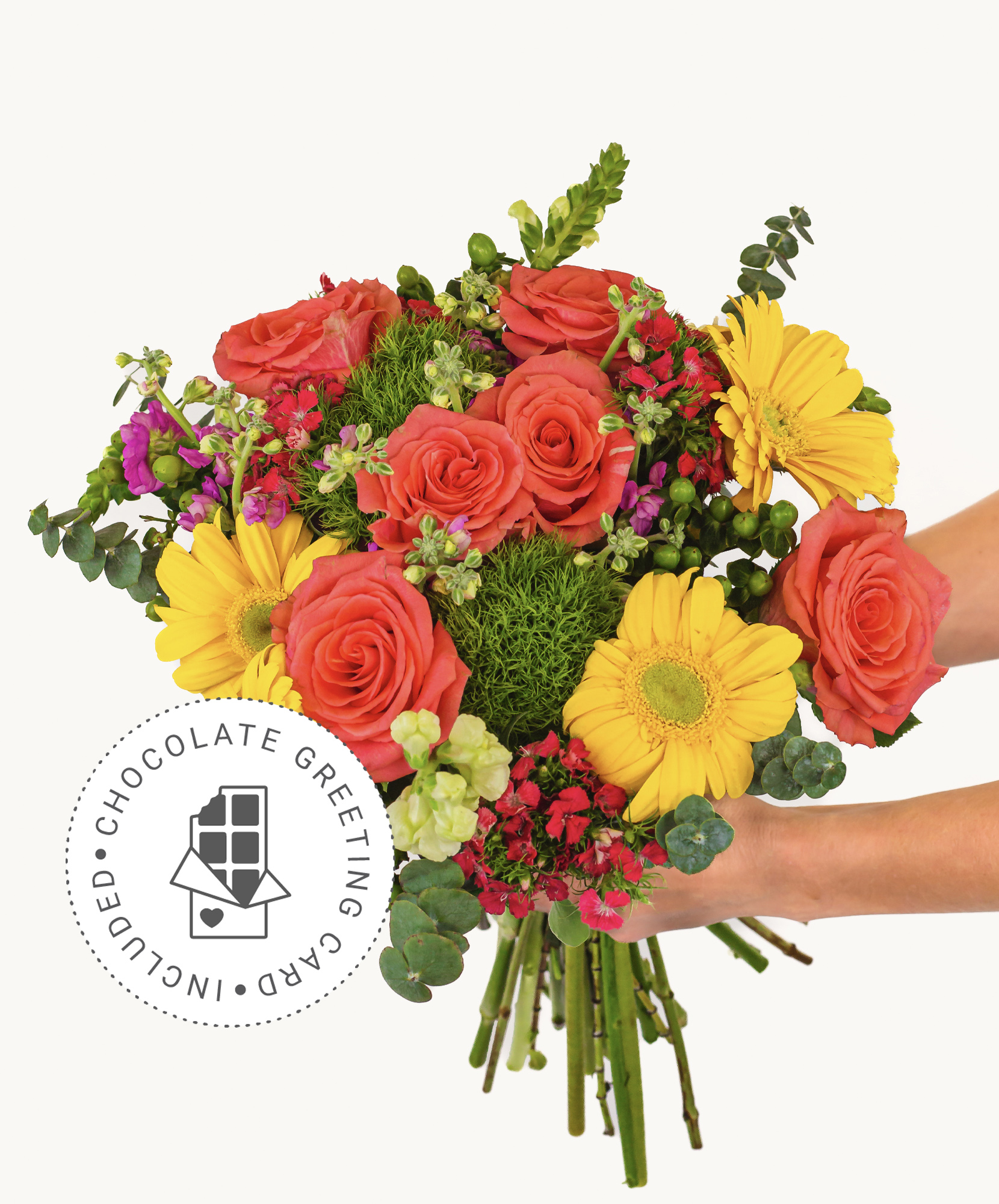 Vibrant bouquet featuring orange roses, yellow daisies, and lush greenery for cheerful occasions.