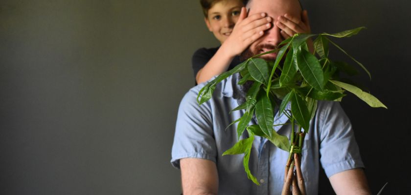 A playful moment of a child covering a man's eyes as he holds a vibrant green potted plant.