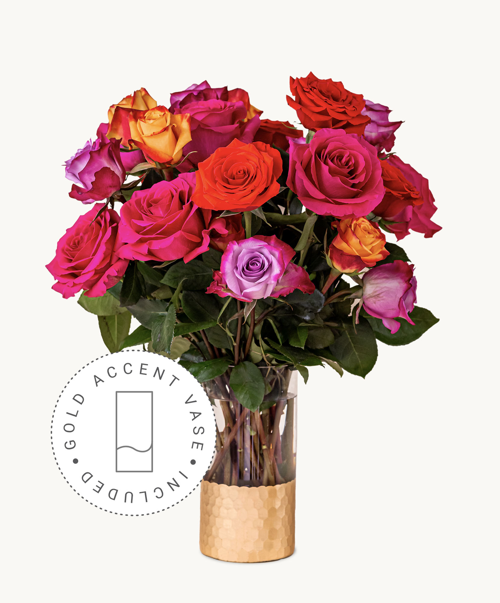 Vibrant mixed rose bouquet in a stylish gold accent vase, ideal for celebrations.