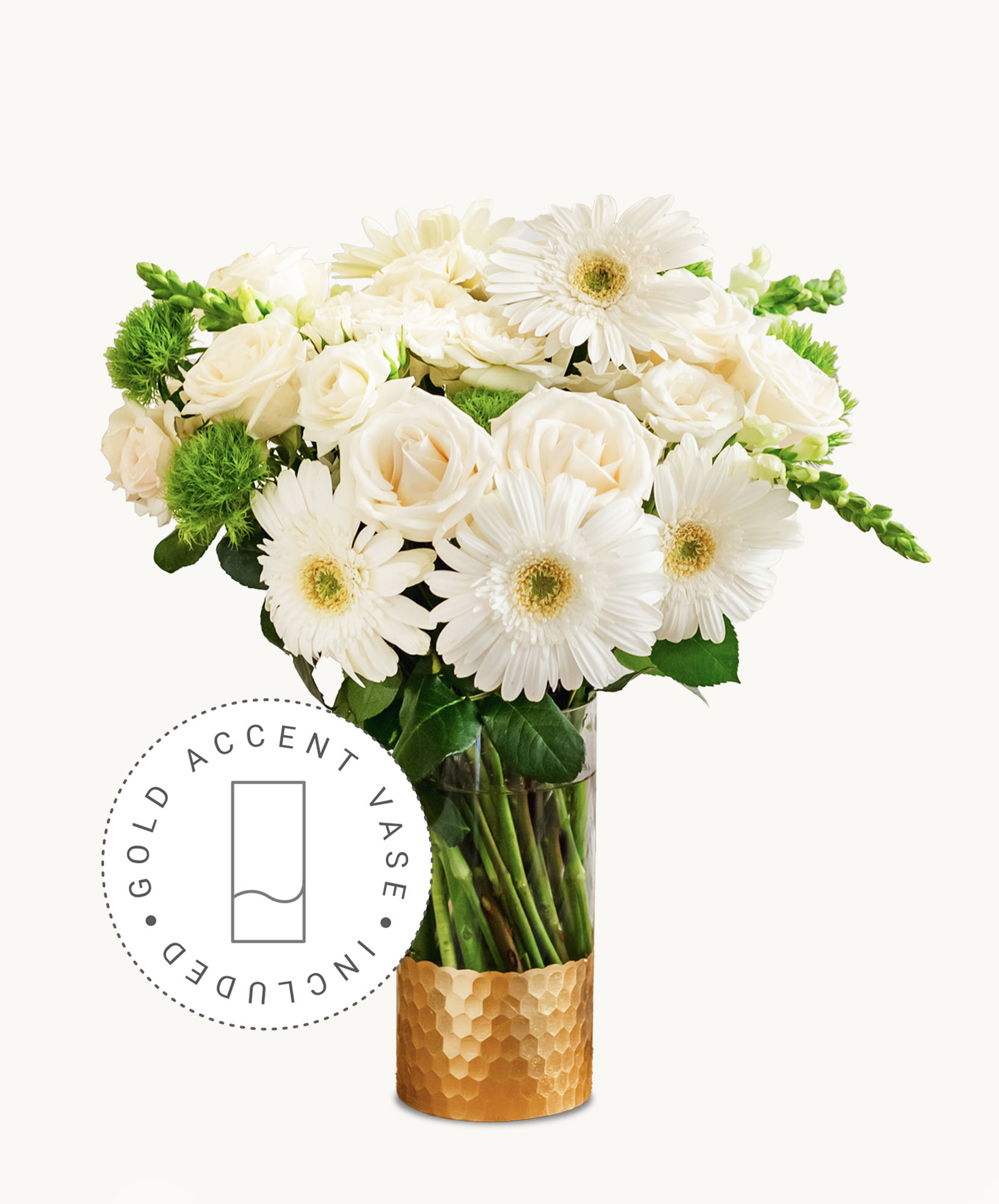Elegant white roses and gerbera daisies in a chic gold vase, perfect for any occasion.