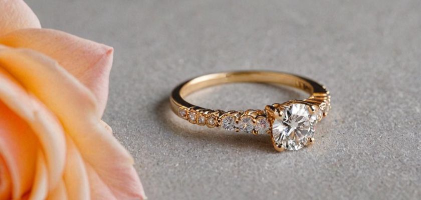 Elegant gold engagement ring with a sparkling diamond, beside a delicate peach rose.