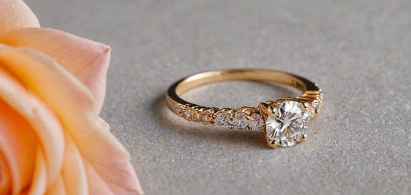 Elegant gold engagement ring with a sparkling diamond, beside a delicate peach rose.
