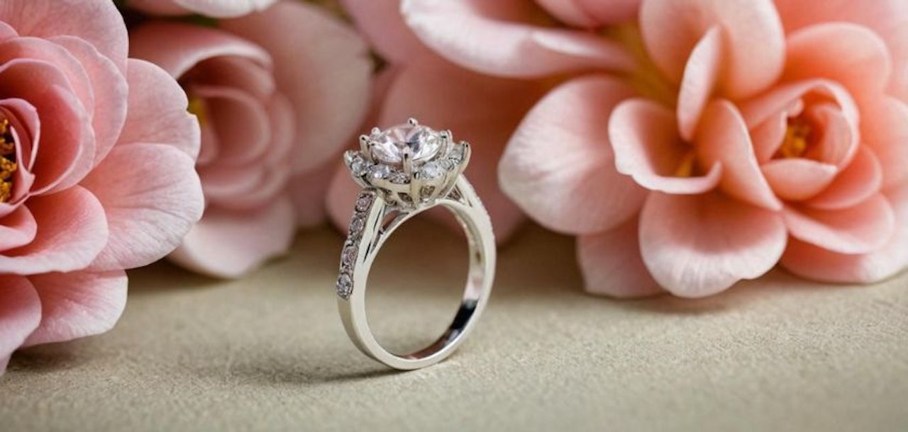 Elegant silver engagement ring set among soft pink blooms, symbolizing love and romance.
