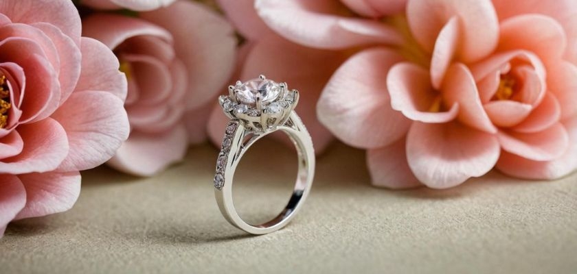 Elegant silver engagement ring set among soft pink blooms, symbolizing love and romance.