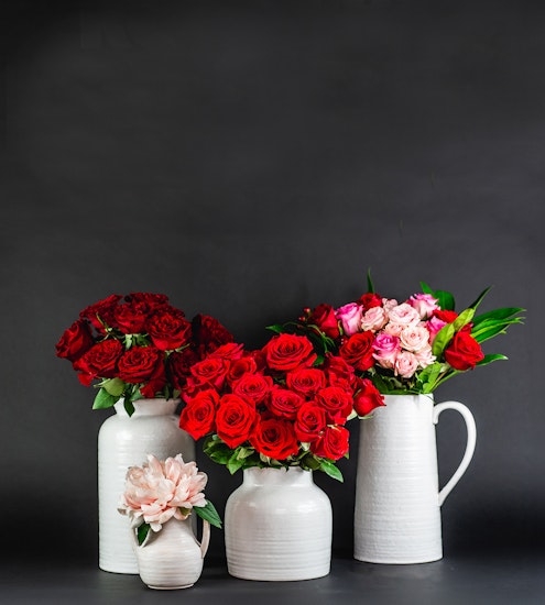 Vibrant arrangement of red and pink roses in elegant white vases against a dark backdrop.