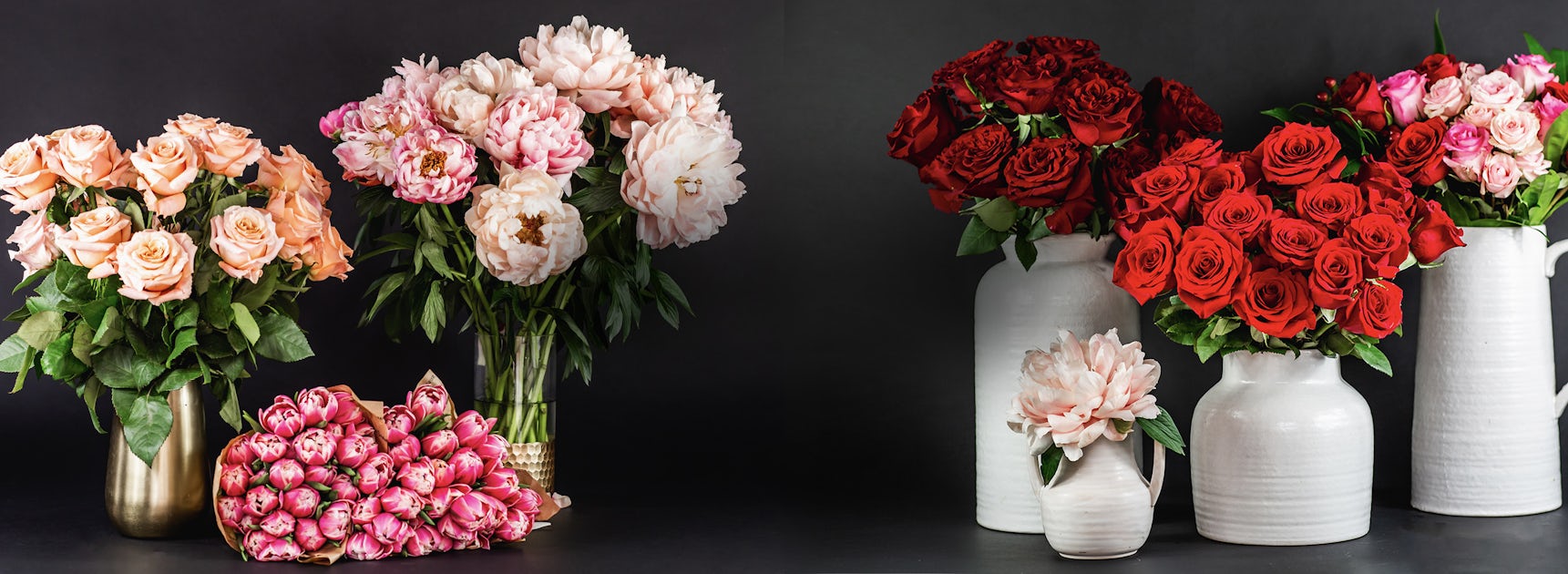 Vibrant floral display featuring mixed roses and peonies in elegant vases, perfect for celebrations.