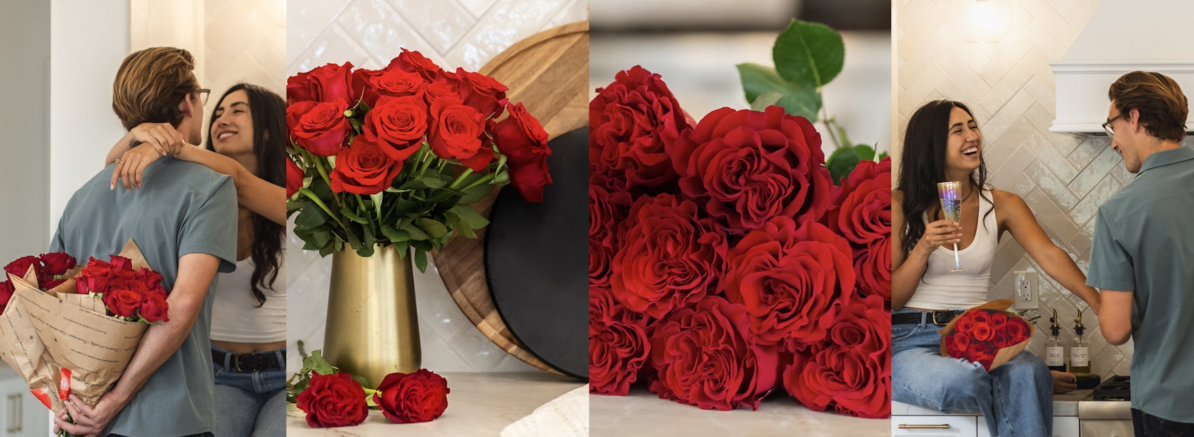 A joyful couple celebrating together, surrounded by vibrant red roses in a stylish kitchen setting.