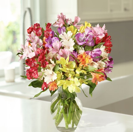 A vibrant bouquet of mixed alstroemeria flowers in a clear glass vase, brightening a kitchen.