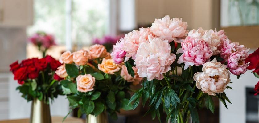 Vibrant floral arrangement featuring peonies and roses in elegant vases, perfect for decor.