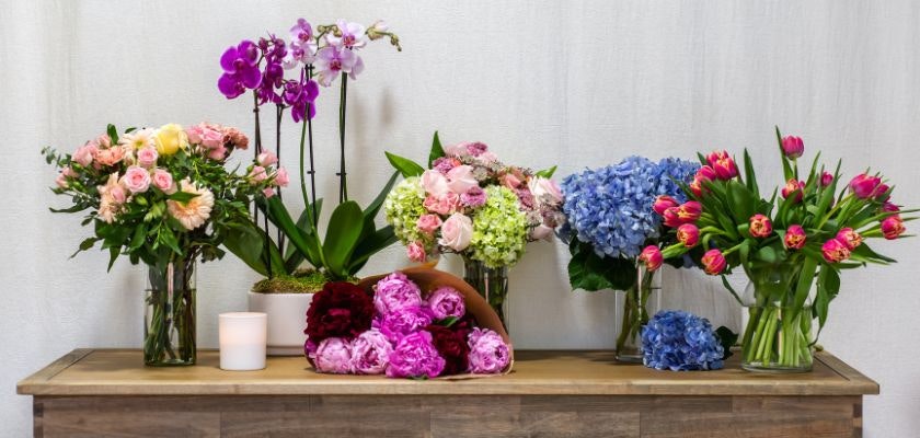 A vibrant floral display featuring peonies, hydrangeas, orchids, and tulips in elegant vases.