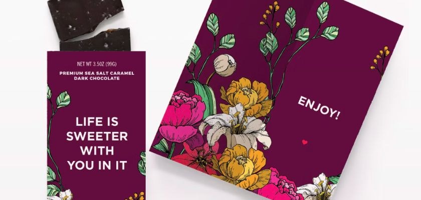 Colorful chocolate packaging design featuring vibrant floral illustrations and a cheerful message.