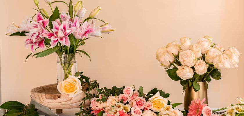 Elegant floral display featuring pink lilies, soft pink roses, and cream-colored blooms.