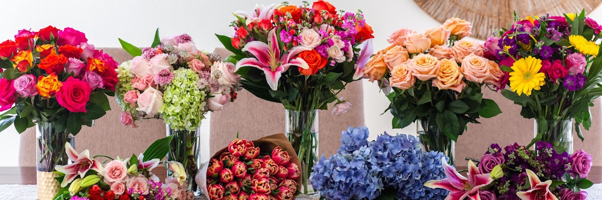 Vibrant floral display featuring various bouquets, perfect for celebrations and gifts.