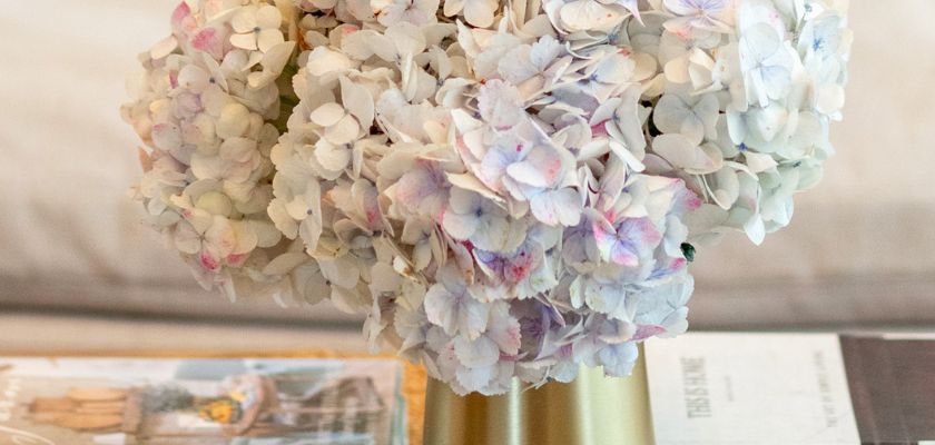 Delicate white and pastel hydrangea bouquet in a stylish gold vase, adding elegance to any space.
