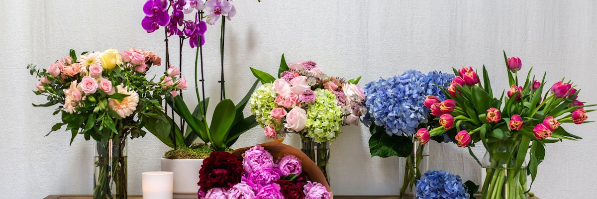 A vibrant floral display featuring pink roses, hydrangeas, tulips, and elegant orchids.