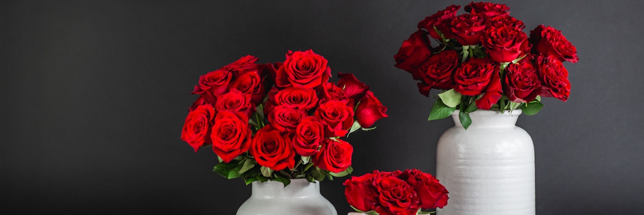 Elegant arrangement of vibrant red roses in two stylish vases against a dark background.