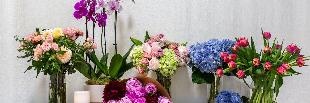 Vibrant flower arrangement featuring roses, hydrangeas, tulips, and orchids in elegant vases.