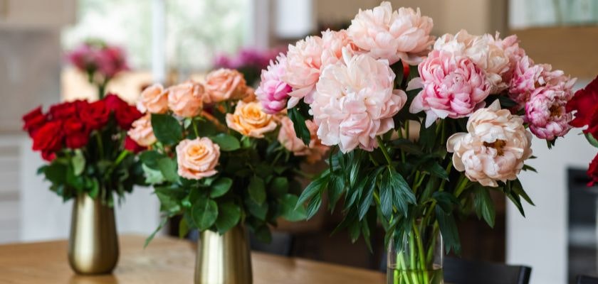 Vibrant floral arrangements featuring red roses and peonies in elegant vases.