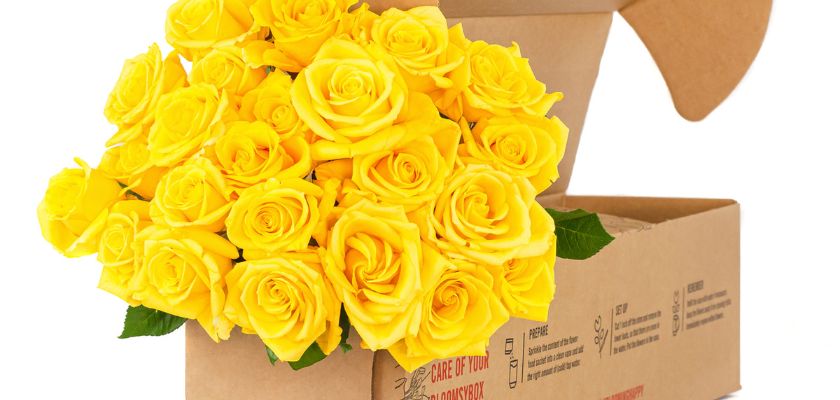 Vibrant yellow roses beautifully arranged in a stylish gift box, perfect for any occasion.