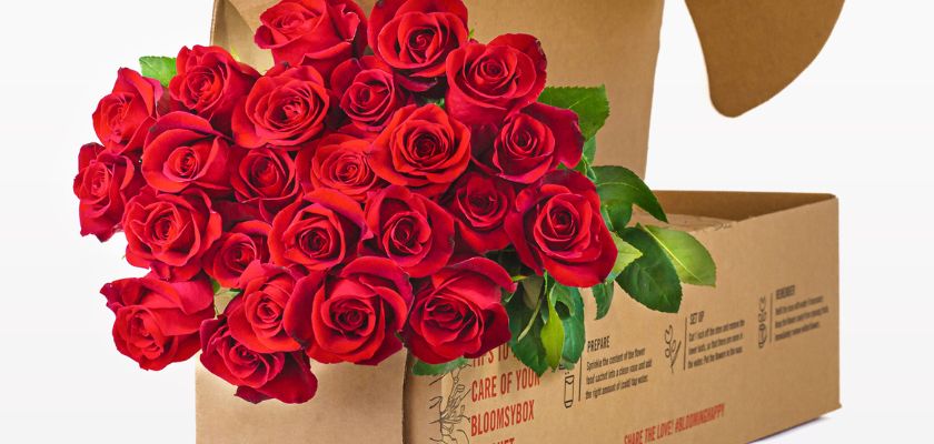 A beautiful bouquet of red roses elegantly packaged in a BloomsyBox delivery.