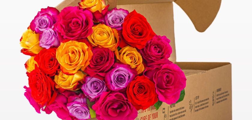 Vibrant bouquet of multicolored roses in a eco-friendly shipping box, perfect gift idea.