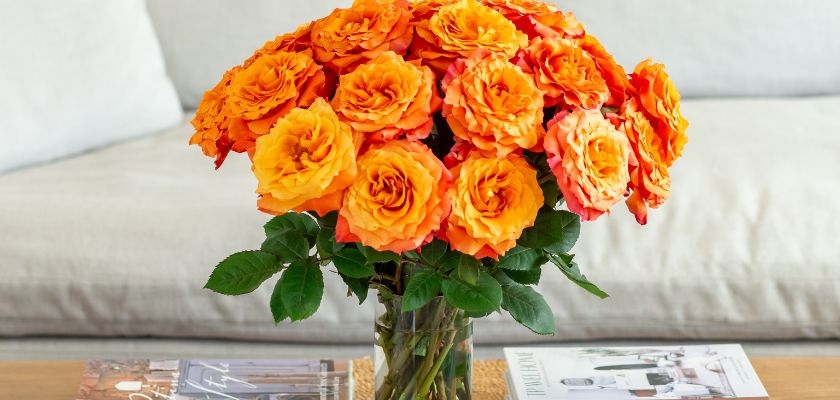 Vibrant orange roses in a stylish bouquet, adding warmth to any indoor space.