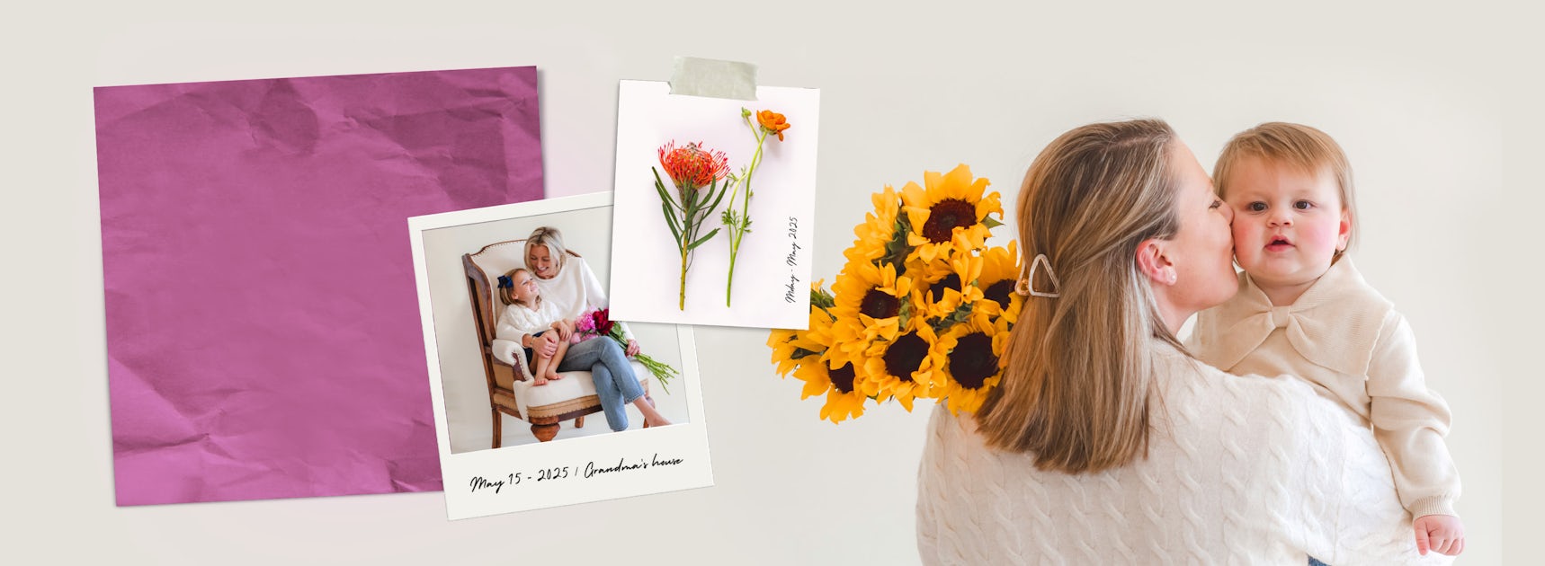 A mother lovingly holds her child, surrounded by cheerful sunflowers and memories.