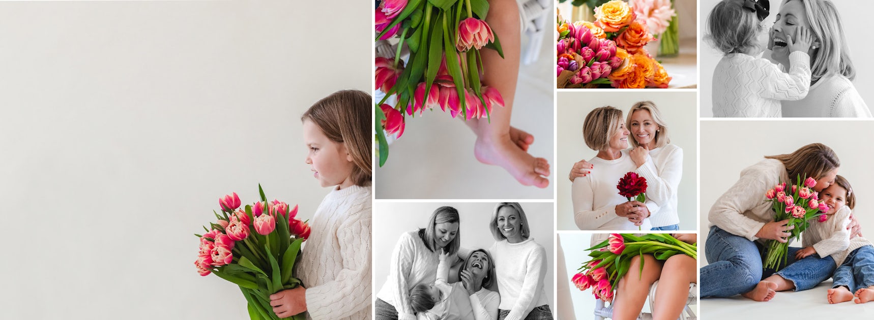 Cheerful moments featuring girls with vibrant tulip bouquets and joyful family interactions.