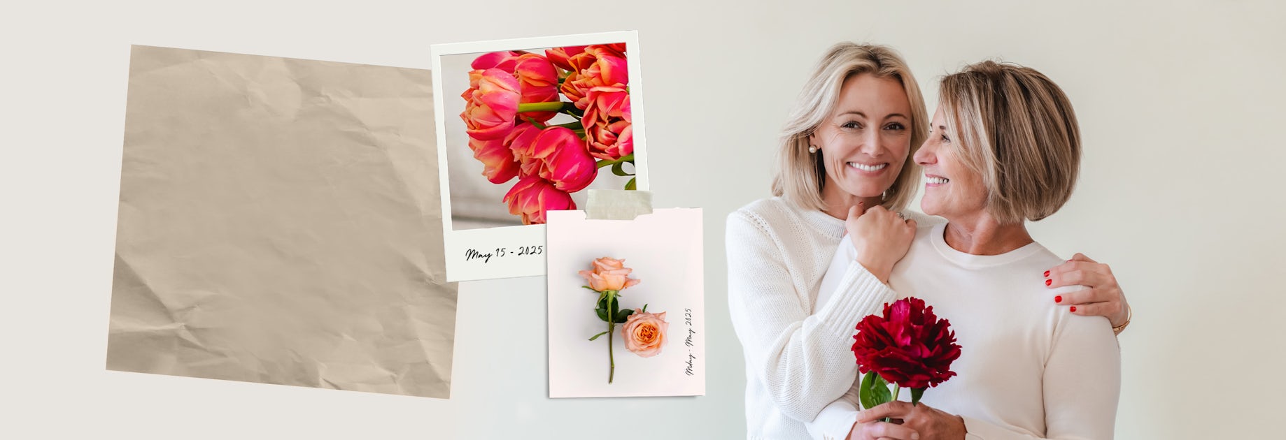 Two smiling women share a heartfelt moment, surrounded by beautiful floral arrangements and photos.