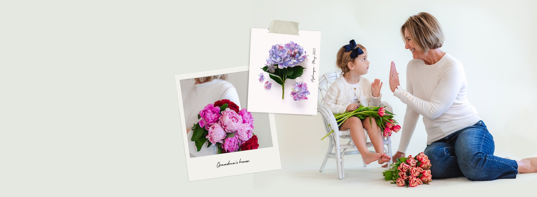 A joyful mother and daughter sharing a moment with colorful flower bouquets, creating memories.