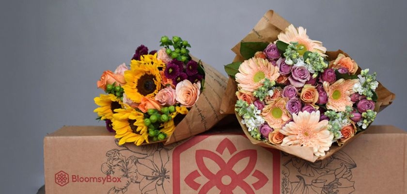Vibrant floral bouquets with sunflowers, roses, and daisies in eco-friendly packaging.