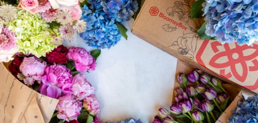 Colorful assortment of peonies, hydrangeas, and tulips arranged elegantly around a BloomsyBox.